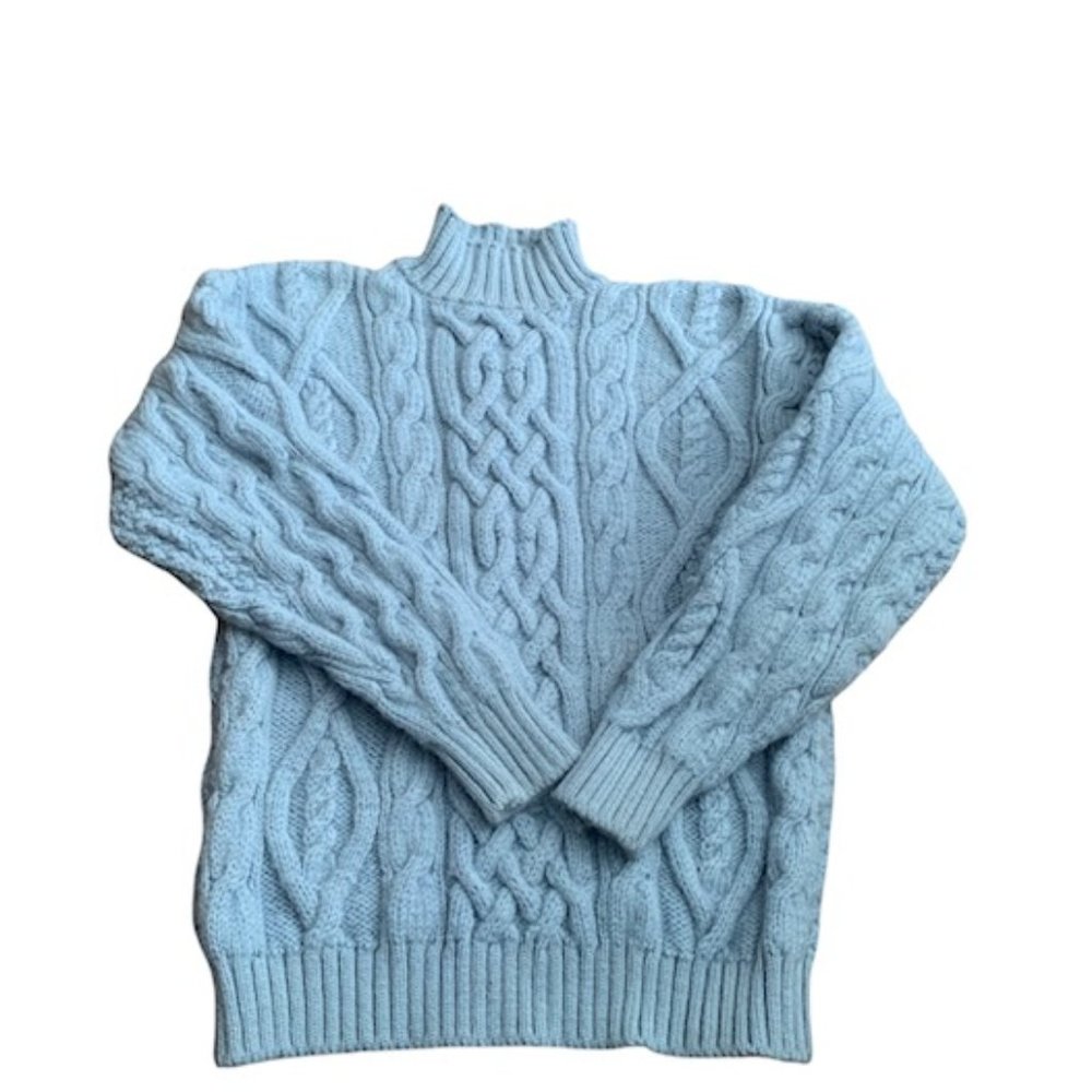 Light Blue Cable Knit Mock Neck Sweater - Women